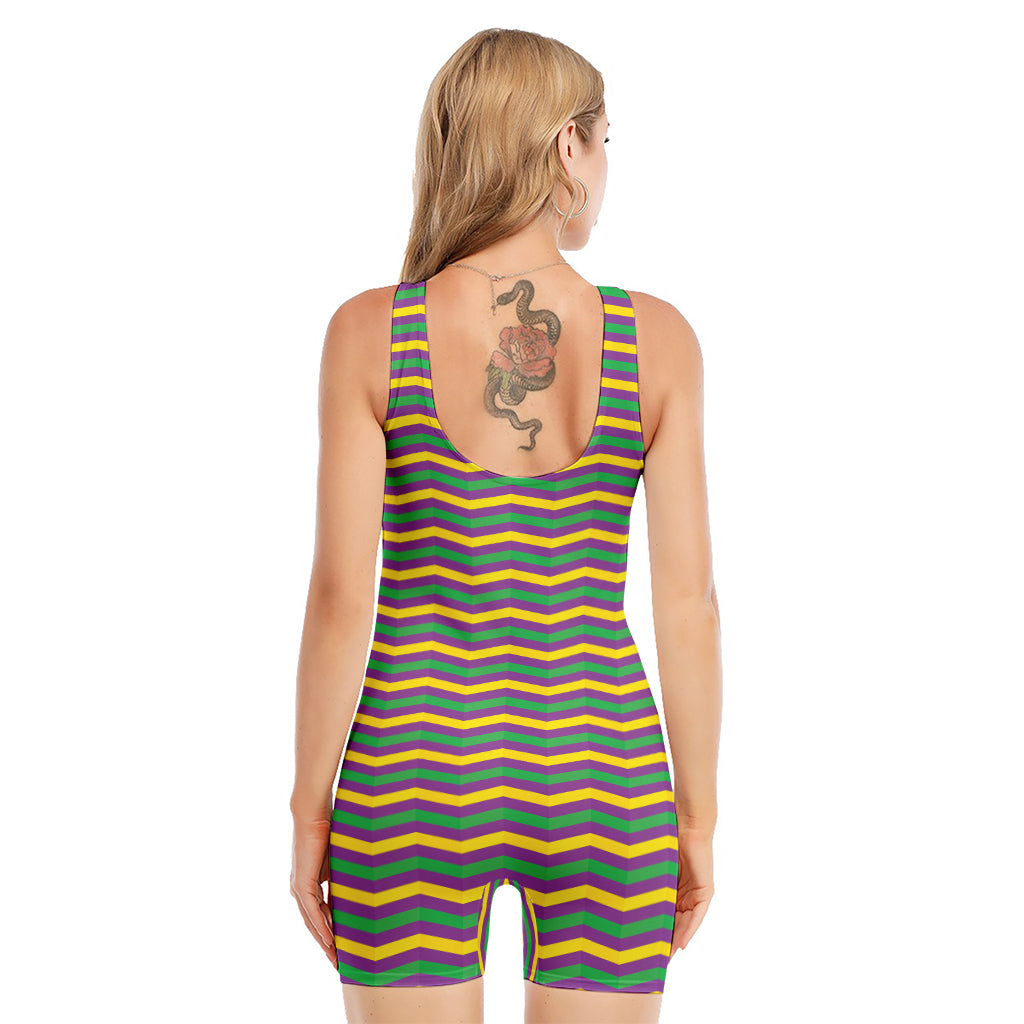 Mardi Gras Fat Tuesday Chevron Print Sleeveless One Piece Swimsuit