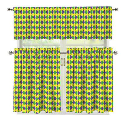 Mardi Gras Fat Tuesday Pattern Print 3 Piece Kitchen Curtains