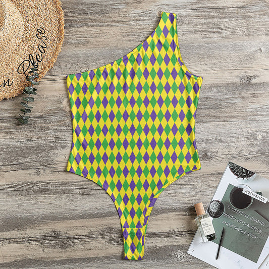 Mardi Gras Fat Tuesday Pattern Print One Shoulder Bodysuit