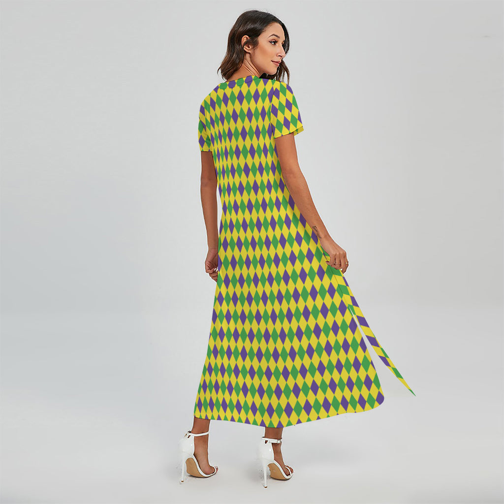 Mardi Gras Fat Tuesday Pattern Print Short Sleeve Maxi Dress