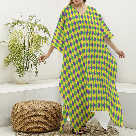 Mardi Gras Fat Tuesday Pattern Print Silk V-Neck Kaftan Dress