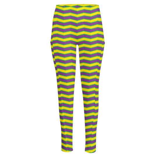 Mardi Gras Fat Tuesday Zigzag Print High-Waisted Pocket Leggings