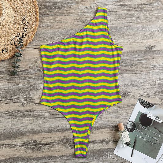 Mardi Gras Fat Tuesday Zigzag Print One Shoulder Bodysuit