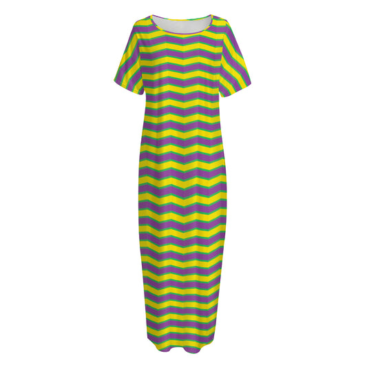 Mardi Gras Fat Tuesday Zigzag Print Short Sleeve Long Nightdress