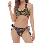 Mardi Gras Festival Pattern Print Halter Scoop Tie Side Bikini