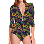 Mardi Gras Festival Pattern Print Long Sleeve Swimsuit