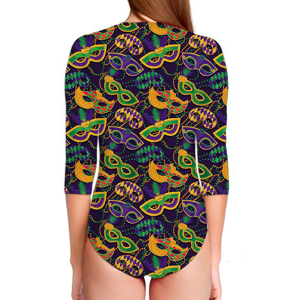 Mardi Gras Festival Pattern Print Long Sleeve Swimsuit
