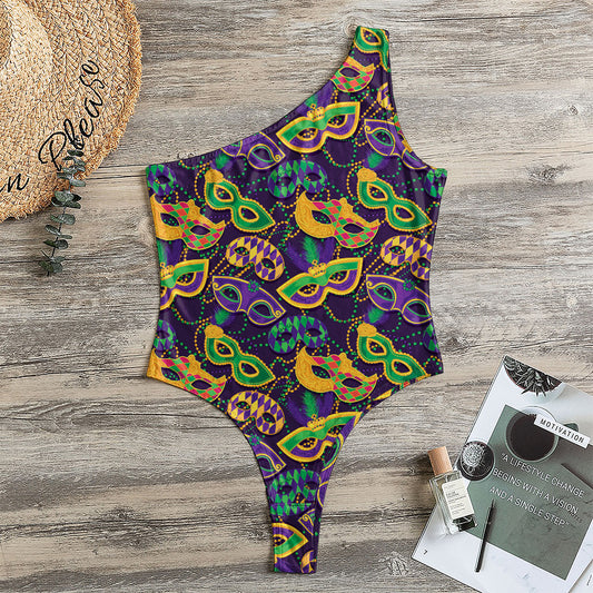 Mardi Gras Festival Pattern Print One Shoulder Bodysuit