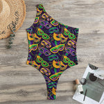 Mardi Gras Festival Pattern Print One Shoulder Bodysuit