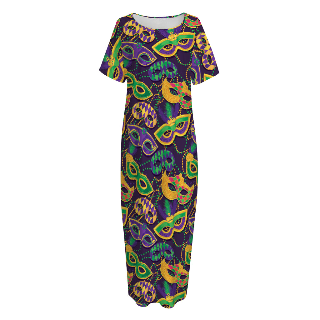 Mardi Gras Festival Pattern Print Short Sleeve Long Nightdress