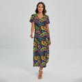 Mardi Gras Festival Pattern Print Short Sleeve Maxi Dress