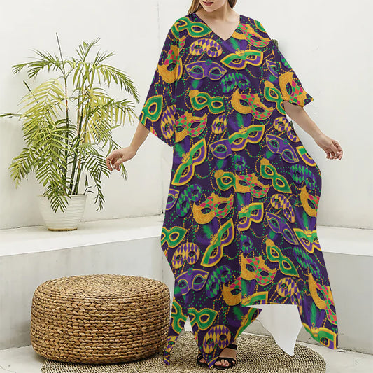 Mardi Gras Festival Pattern Print Silk V-Neck Kaftan Dress
