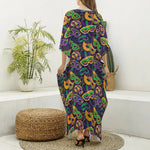 Mardi Gras Festival Pattern Print Silk V-Neck Kaftan Dress