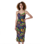 Mardi Gras Festival Pattern Print Slim Fit Midi Cami Dress