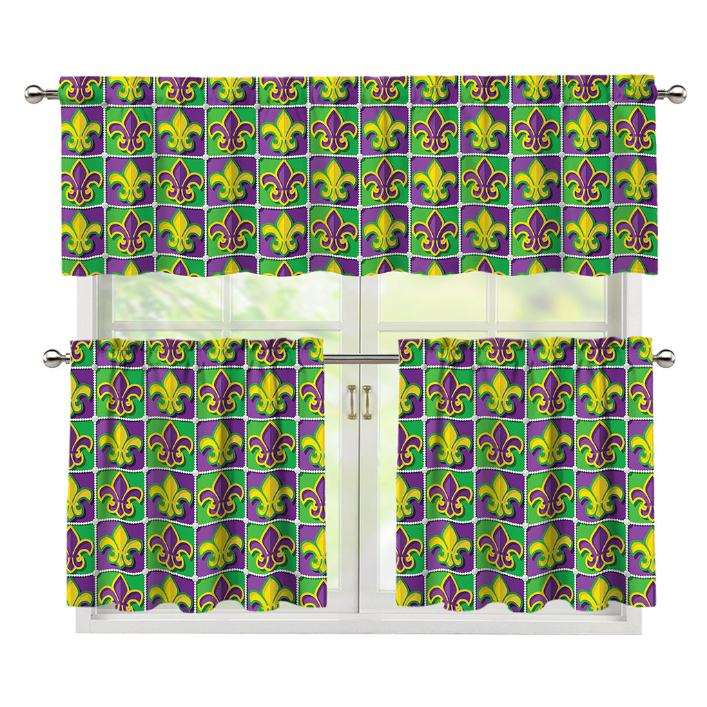 Mardi Gras Fleur De Lis Pattern Print 3 Piece Kitchen Curtains