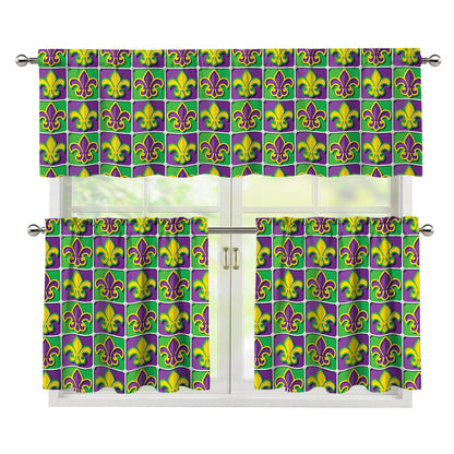 Mardi Gras Fleur De Lis Pattern Print 3 Piece Kitchen Curtains