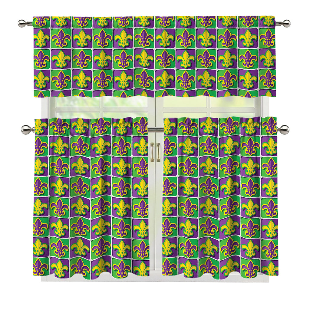Mardi Gras Fleur De Lis Pattern Print 3 Piece Kitchen Curtains