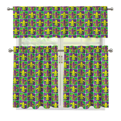 Mardi Gras Fleur De Lis Pattern Print 3 Piece Kitchen Curtains