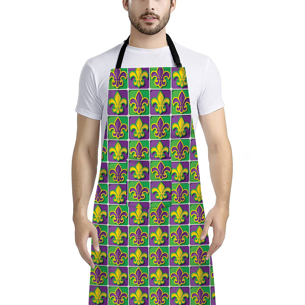 Mardi Gras Fleur De Lis Pattern Print Bib Apron With Pocket