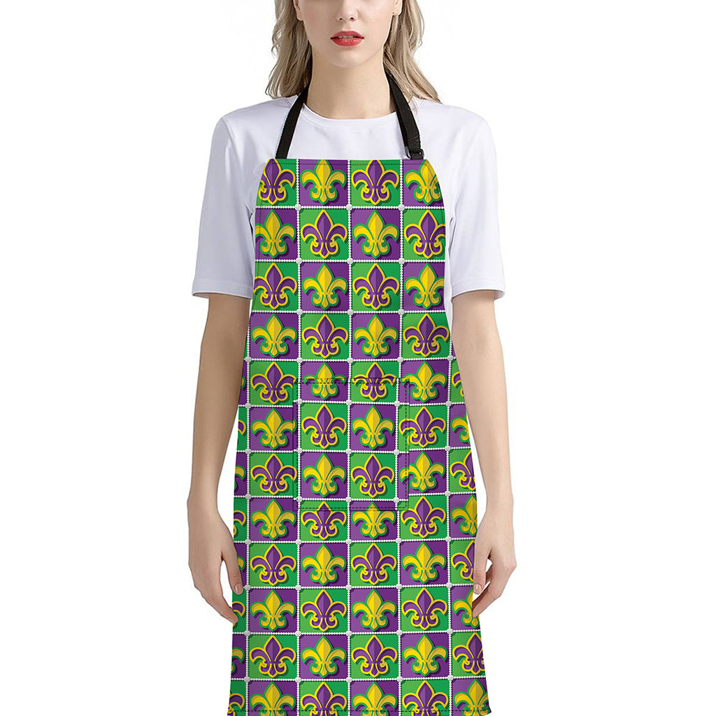 Mardi Gras Fleur De Lis Pattern Print Bib Apron With Pocket
