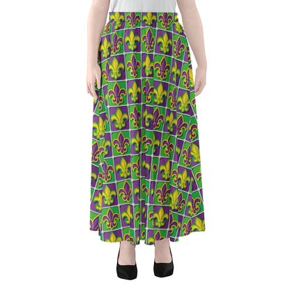 Mardi Gras Fleur De Lis Pattern Print Chiffon Maxi Skirt