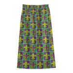 Mardi Gras Fleur De Lis Pattern Print Cotton Front Slit Maxi Skirt