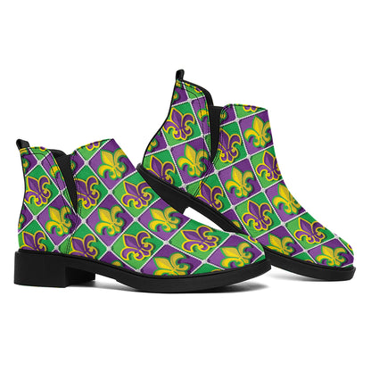 Mardi Gras Fleur De Lis Pattern Print Flat Ankle Boots