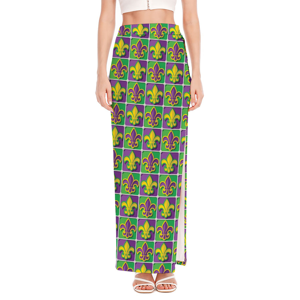 Mardi Gras Fleur De Lis Pattern Print High Slit Maxi Skirt