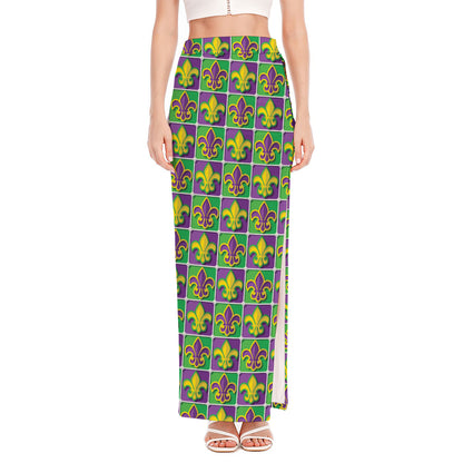 Mardi Gras Fleur De Lis Pattern Print High Slit Maxi Skirt