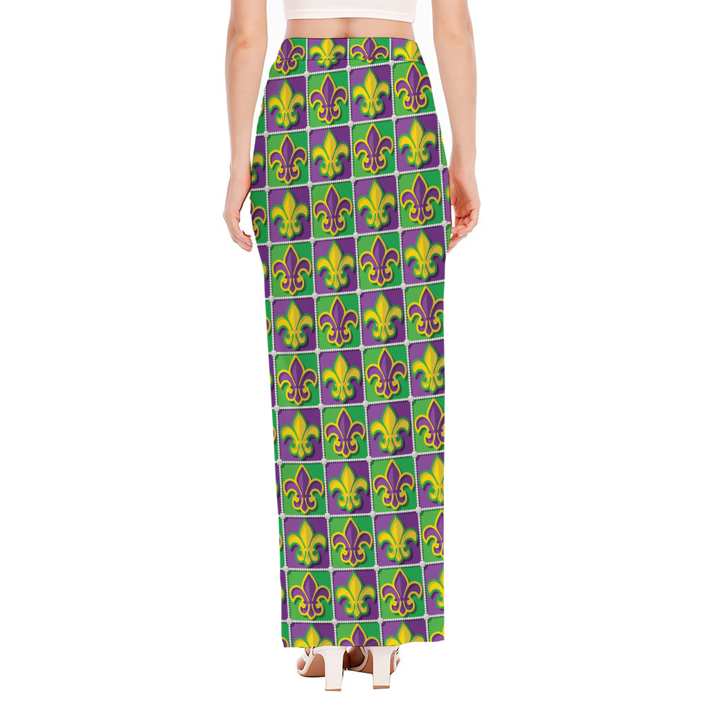Mardi Gras Fleur De Lis Pattern Print High Slit Maxi Skirt