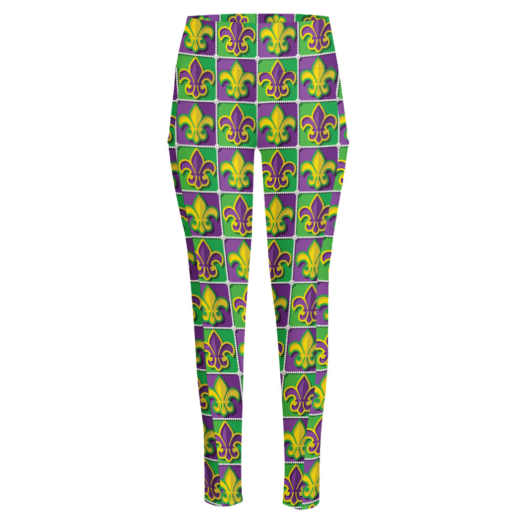 Mardi Gras Fleur De Lis Pattern Print High-Waisted Pocket Leggings
