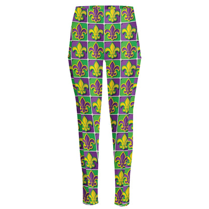 Mardi Gras Fleur De Lis Pattern Print High-Waisted Pocket Leggings