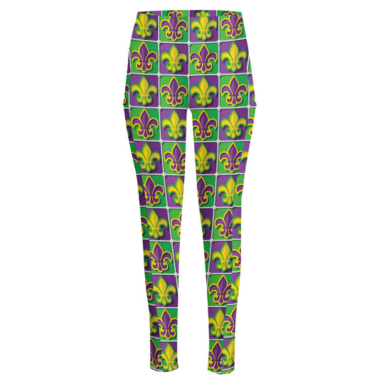 Mardi Gras Fleur De Lis Pattern Print High-Waisted Pocket Leggings
