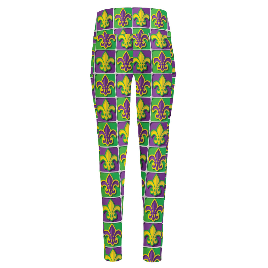 Mardi Gras Fleur De Lis Pattern Print High-Waisted Pocket Leggings