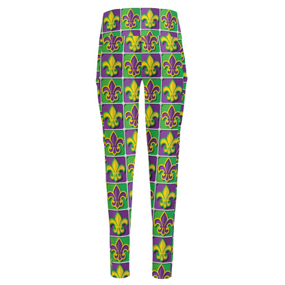 Mardi Gras Fleur De Lis Pattern Print High-Waisted Pocket Leggings
