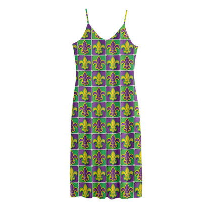 Mardi Gras Fleur De Lis Pattern Print Jersey Midi Cami Dress