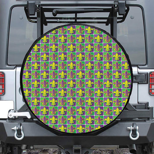 Mardi Gras Fleur De Lis Pattern Print Leather Spare Tire Cover