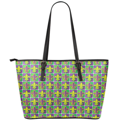Mardi Gras Fleur De Lis Pattern Print Leather Tote Bag