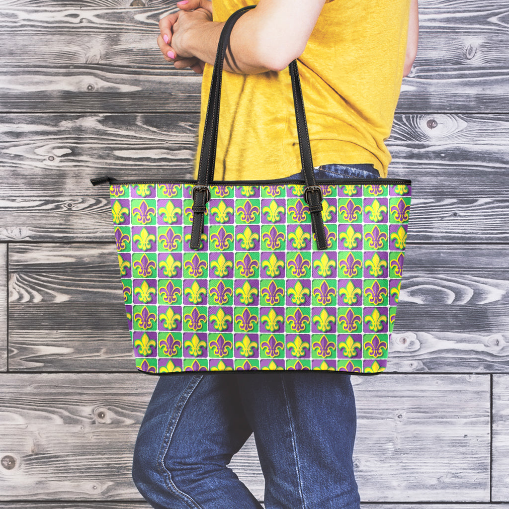 Mardi Gras Fleur De Lis Pattern Print Leather Tote Bag