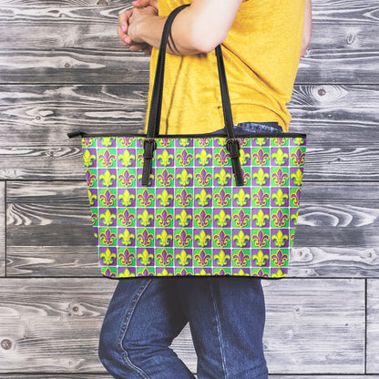 Mardi Gras Fleur De Lis Pattern Print Leather Tote Bag