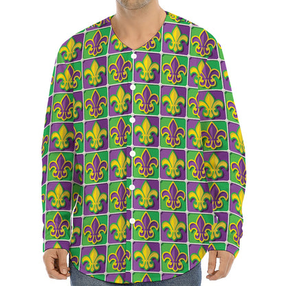 Mardi Gras Fleur De Lis Pattern Print Long Sleeve Baseball Jersey