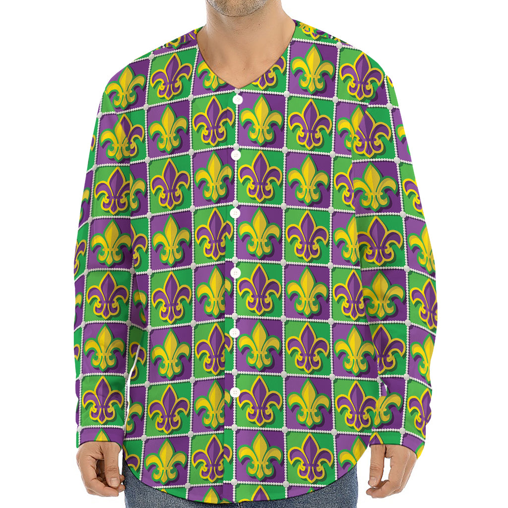 Mardi Gras Fleur De Lis Pattern Print Long Sleeve Baseball Jersey