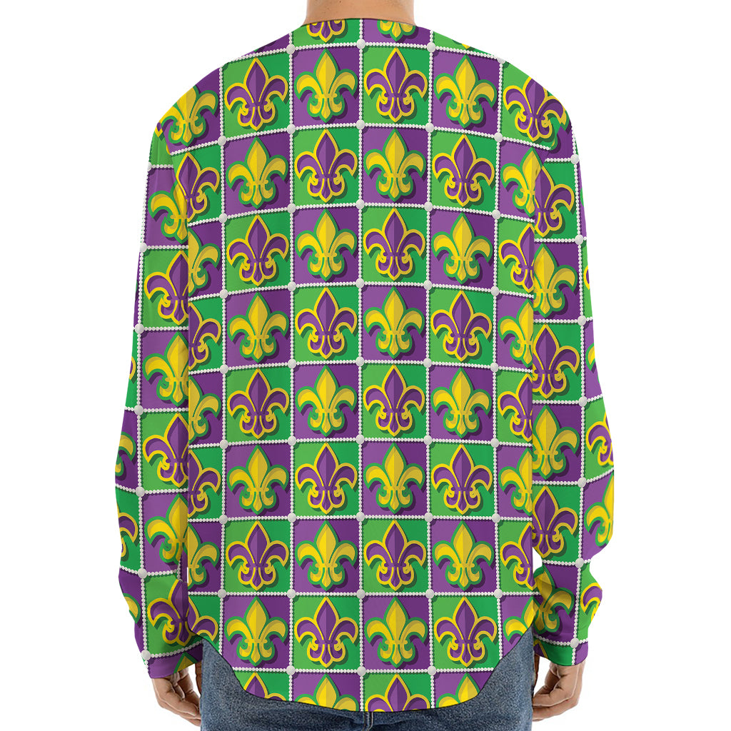 Mardi Gras Fleur De Lis Pattern Print Long Sleeve Baseball Jersey