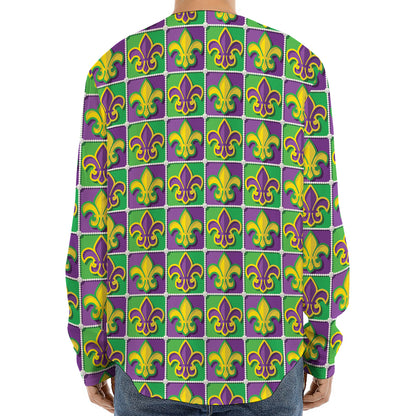 Mardi Gras Fleur De Lis Pattern Print Long Sleeve Baseball Jersey