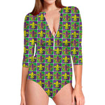Mardi Gras Fleur De Lis Pattern Print Long Sleeve Swimsuit