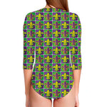 Mardi Gras Fleur De Lis Pattern Print Long Sleeve Swimsuit