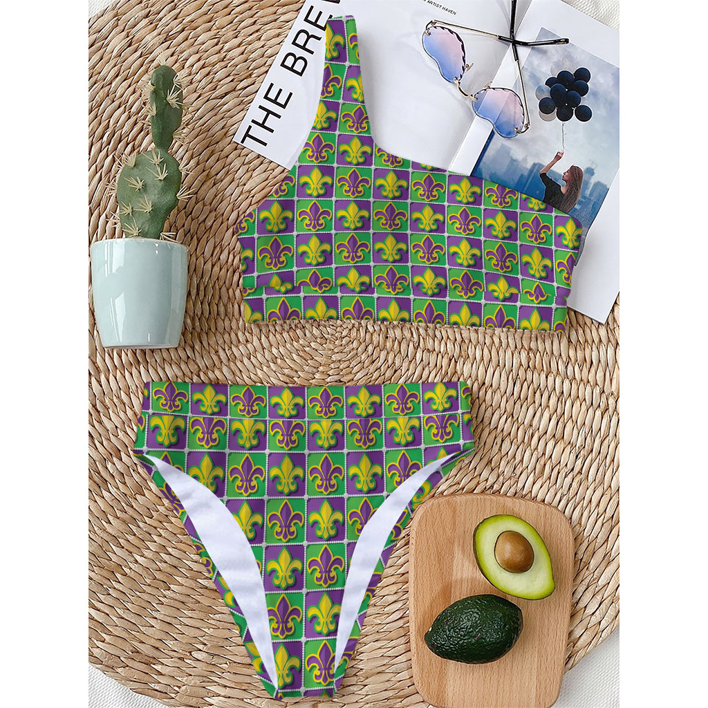 Mardi Gras Fleur De Lis Pattern Print One Shoulder Bikini Top