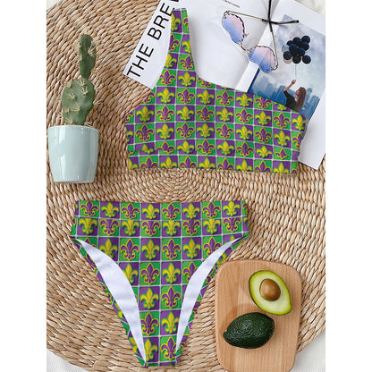 Mardi Gras Fleur De Lis Pattern Print One Shoulder Bikini Top