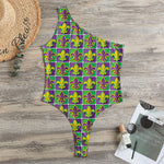 Mardi Gras Fleur De Lis Pattern Print One Shoulder Bodysuit