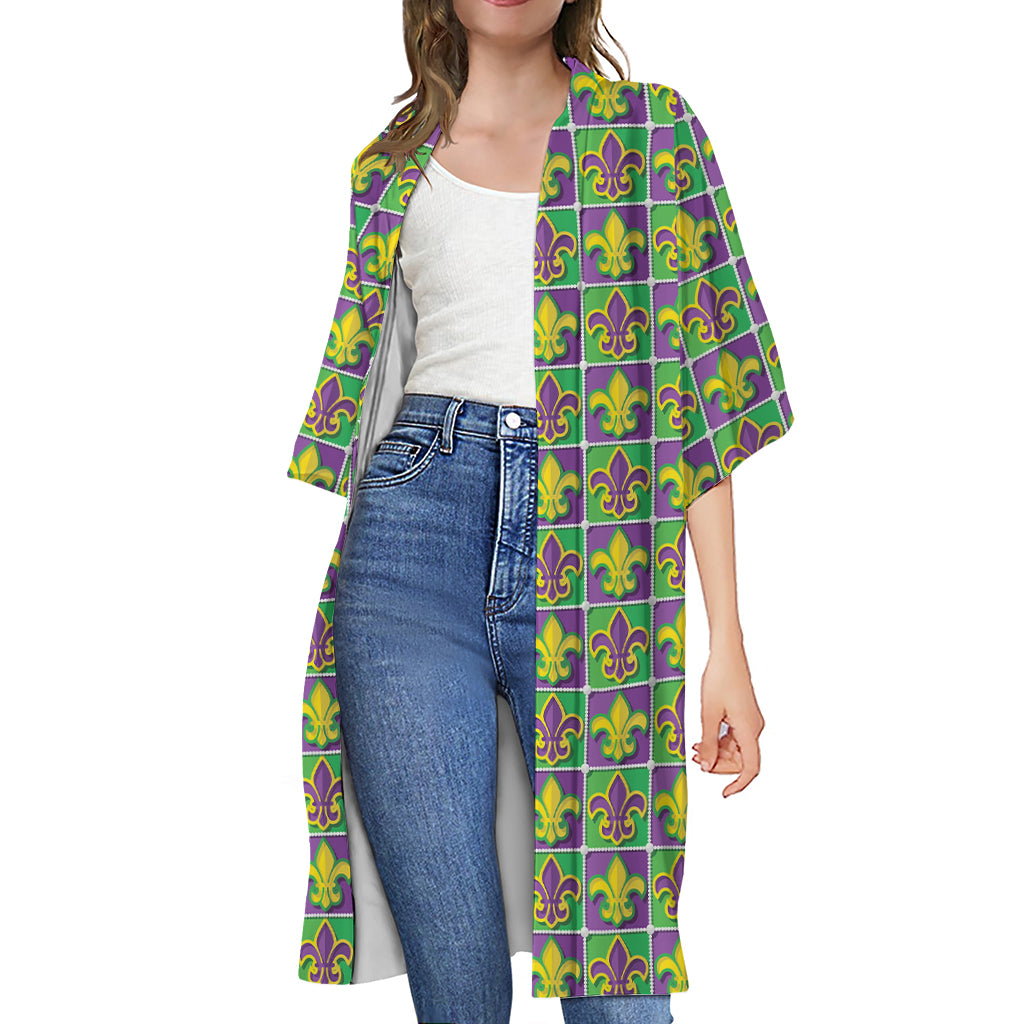 Mardi Gras Fleur De Lis Pattern Print Open Front Beach Cover Up
